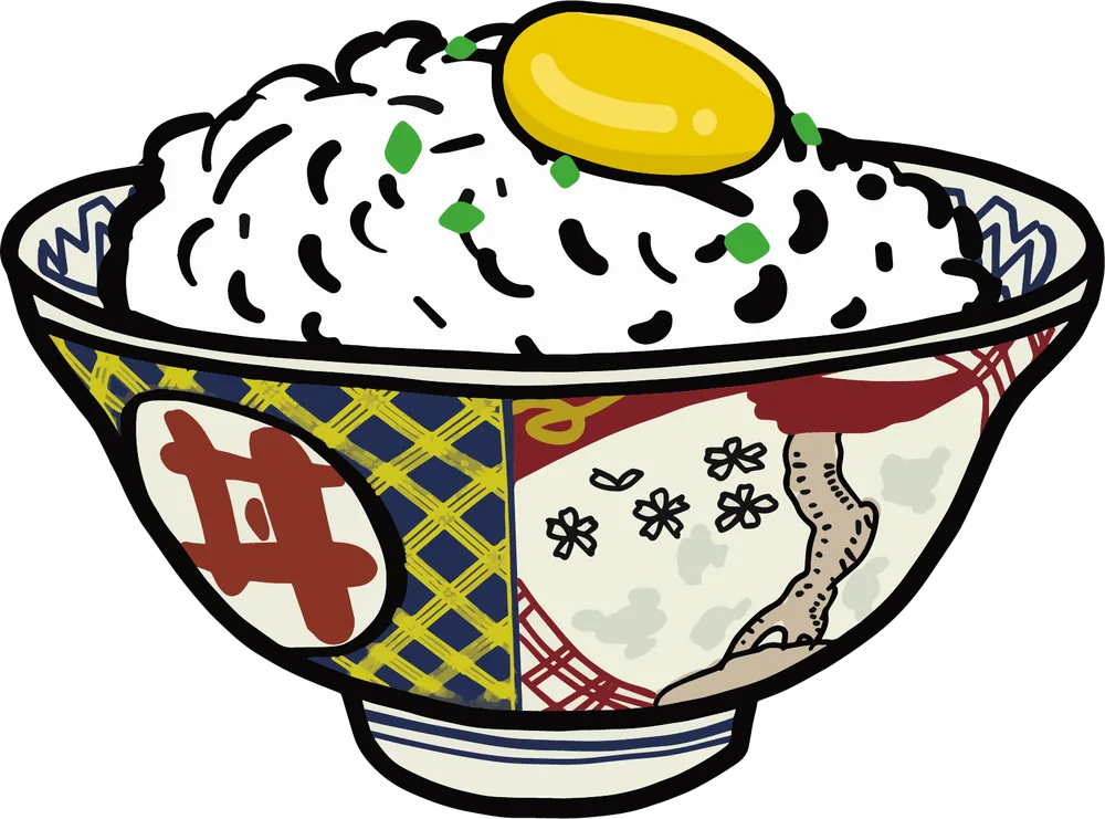 Un bol de donburi dessiné : riz, œuf mollet et ciboule