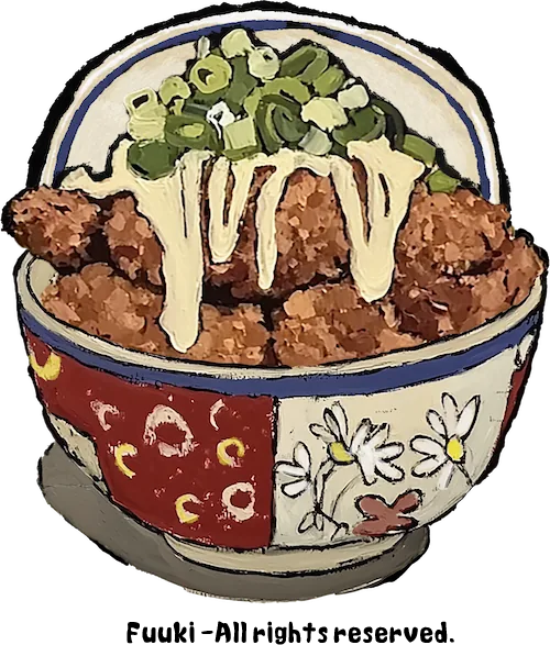 Un donburi au poulet croustillant, dessiné à la gouache