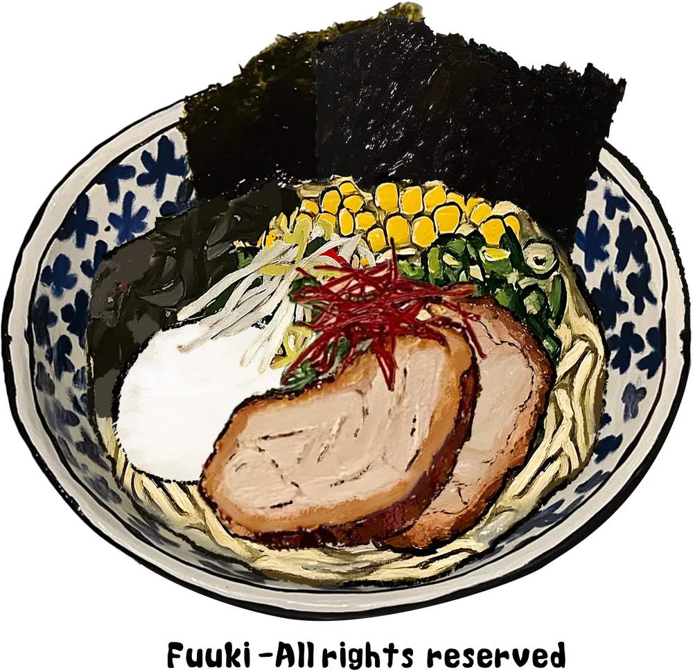 Un bol de ramen tonkotsu au chashu, dessiné à la gouache