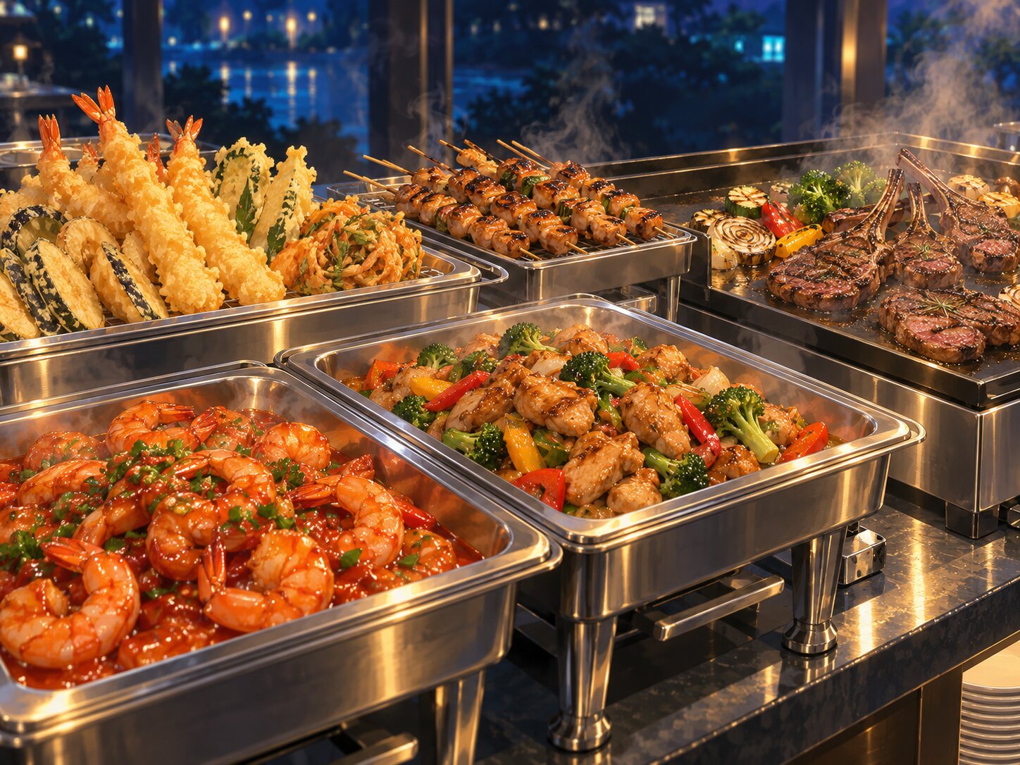 Illustration : buffet de plats chauds et grillades
