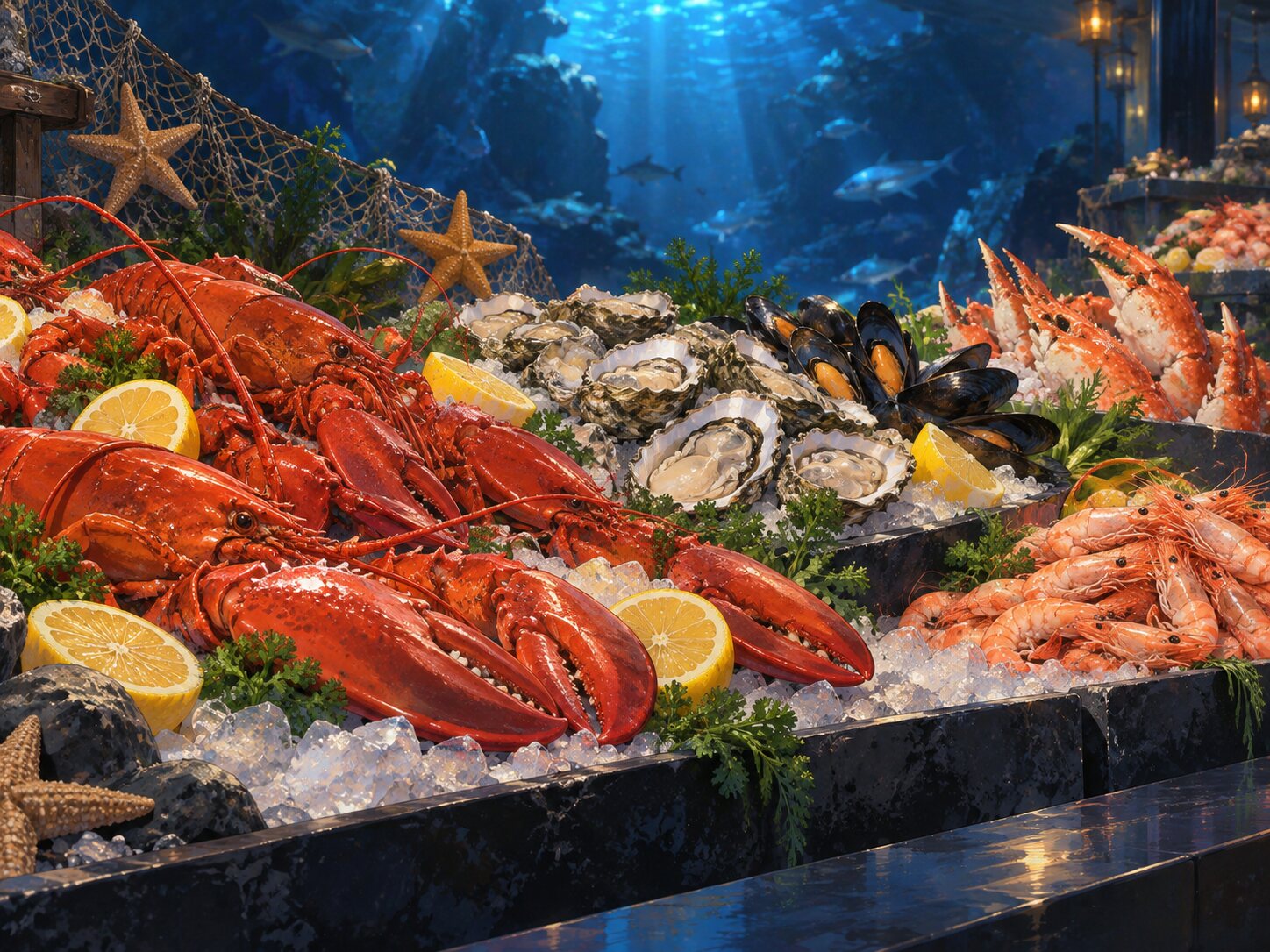 Illustration : comptoir de fruits de mer sur glace