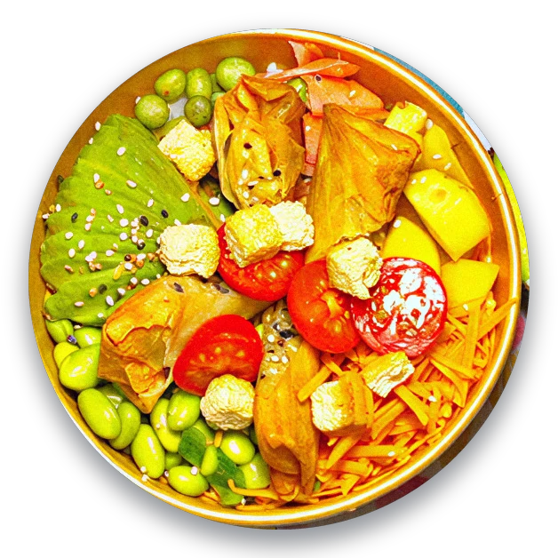 Poké composé : nems, crudités, avocat, edamame