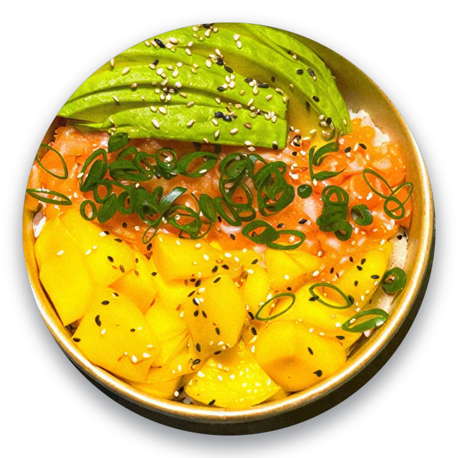 Poké tartare de saumon, avocat et mangue