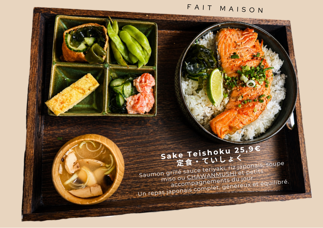 Sake Teishoku — saumon grillé, plateau japonais fait maison chez YUJI Paris 13e