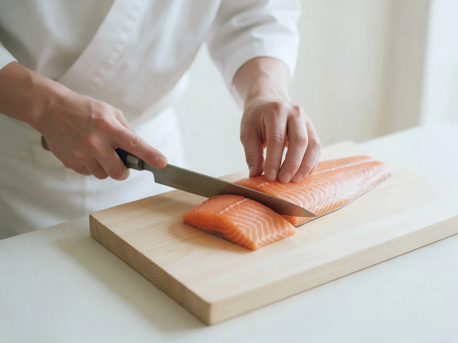 Le saumon tranché sur la planche, à la lumière de la fenêtre